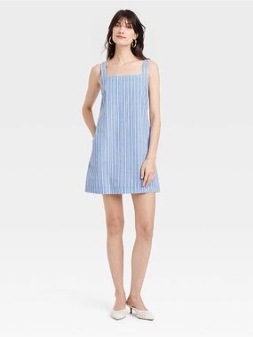 Blue and White Striped Cotton/Linen Shift Sundress